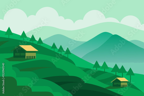 Green nature landscape with a cartoon house and trees on a hill under a summer sky