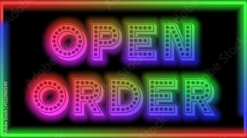 Rainbow-colored OPEN ORDER text animation with blinking effect and rainbow progress line forming the frame