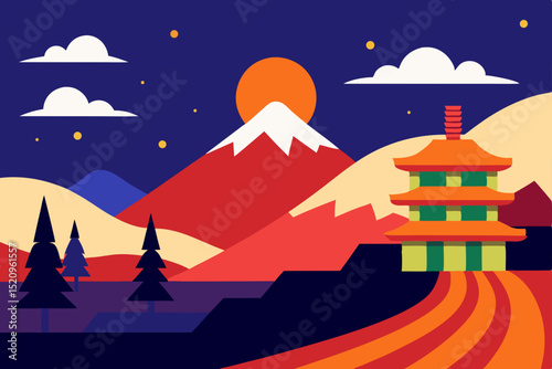 Vector illustration of mountain, city, and house landscapes with sky, sun, clouds, and nature design
