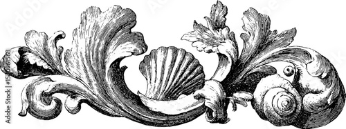 Ornate engraved floral scrolls with shell motif for decorative design