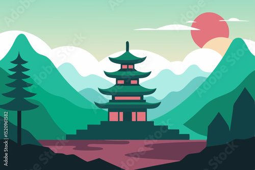 Japanese pagoda temple in a snowy mountain landscape with winter trees under a clear sky