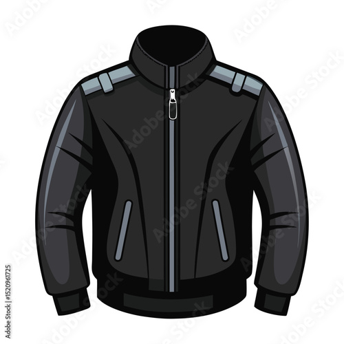 Black Jacket Illustration Zippered, Long Sleeved Outerwear, Featuring Shoulder Details and Pockets