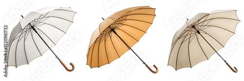 Three umbrellas in white, tan, and beige isolated on transparent background