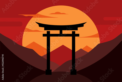 Vector illustration of a Japanese temple gate and pagoda, with a subtle nod to traditional wood architecture and design elements
