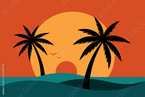 Tropical beach sunset with palm tree silhouettes