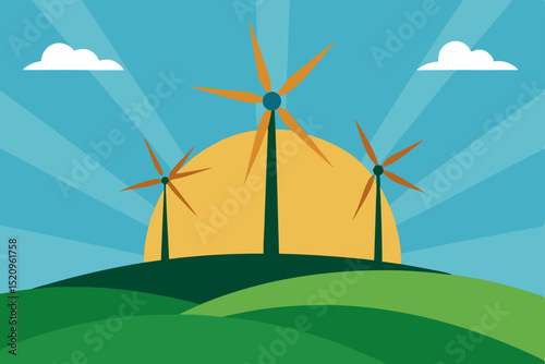 Wind turbines generate green energy across a vast, cloudy landscape