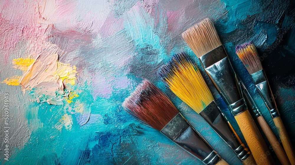 Fototapeta premium Vibrant Paint Brushes & Artistic Splashes: A Creative Background