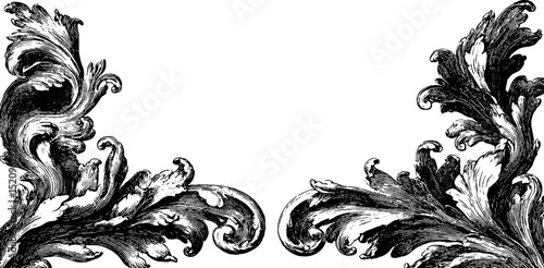 Engraved rococo decorative frame illustration with baroque floral ornament and scrollwork. Vintage antique classic design