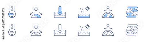 Climate change icon set in two styles, Duotone and Thin Line style. Editable stroke. greenhouse effect, global warming, warming, air pollution