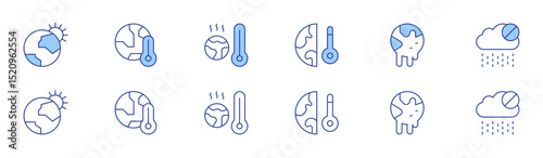 Climate change icon set in two styles, Duotone and Thin Line style. Editable stroke. sun, global warming, no rain