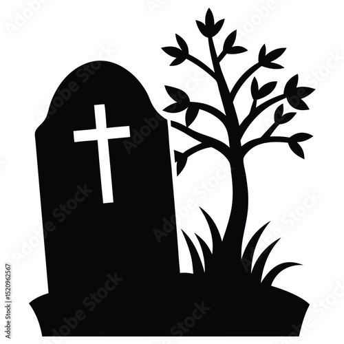 Vector illustration depicting a tombstone with a cross alongside a simple tree and grass.