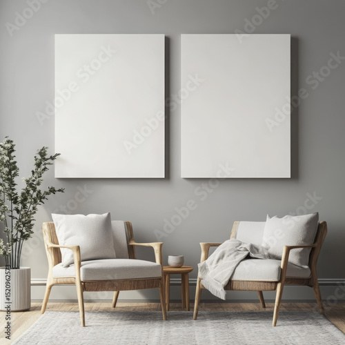 Double blank canvas on wall in modern grey room, perfect for home decor mockup with minimalist and neutral interior style.
