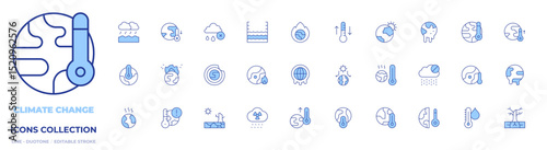 Climate change icons collection. Line Duotone style, editable stroke. high temperature, sun, water temperature, desertification, greenhouse effect, temperature