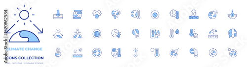 Climate change icons collection. Line Duotone style, editable stroke. global warming, greenhouse effect, extreme weather, ozone layer, climate change, drought