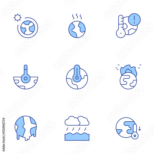 Climate change icons set. Line Duotone style, editable stroke. ozone layer, global warming, climate change, flood, temperature