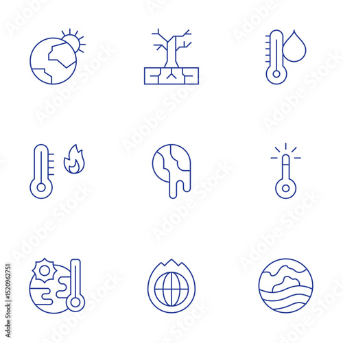 Climate change icons set. Thin Line style, editable stroke. desertification, water temperature, global warming, extreme weather, heat wave, sun