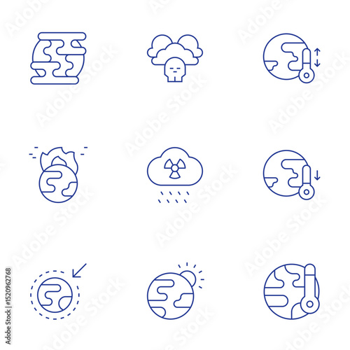 Climate change icons set. Thin Line style, editable stroke. greenhouse effect, global warming, air pollution, acid rain, extreme weather, temperature