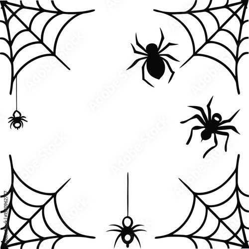 Vector illustration of halloween decorations featuring spiders and spooky spiderwebs for festive designs