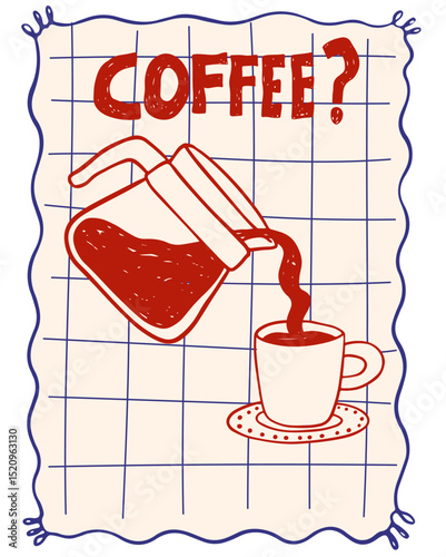 Hand drawn la dolce vita breakfast vintage poster. Whimsical drawings of coffee in doodle ink, chalk, crayon style. Vector Minimalist line art for prints, placards, menus in cafe or restaurant.