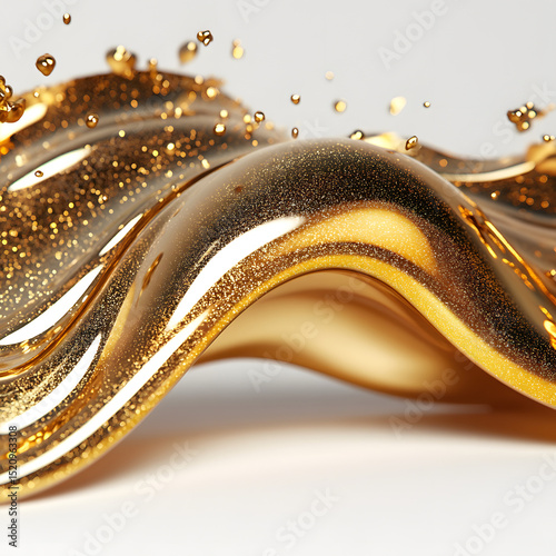 Golden Liquid Wave with Shiny Abstract Drops photo
