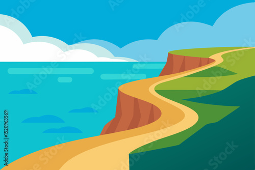 Blue summer sky over a green meadow by the tranquil sea, with distant hills and a sandy beach under the bright sun