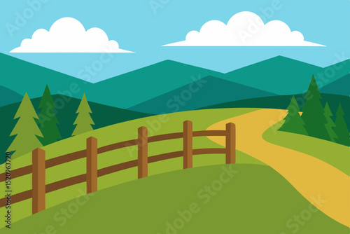 Vector illustration of a green rural summer landscape with trees, mountains, grass, and blue sky