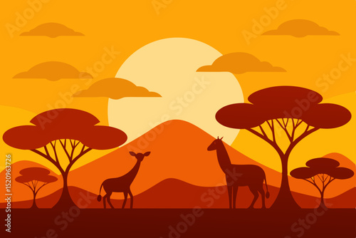 Camel silhouettes against a desert sunset landscape with a lone tree, perfect for a nature or travel illustration