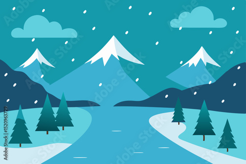 Vector illustration of a winter landscape with snow-covered pine trees, perfect for Christmas holiday designs