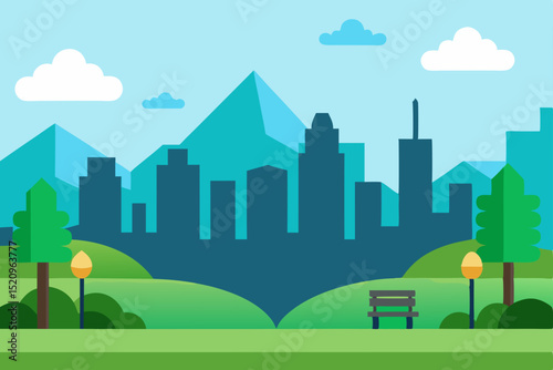 Green urban landscape with trees and buildings, a summer city illustration with a clear sky
