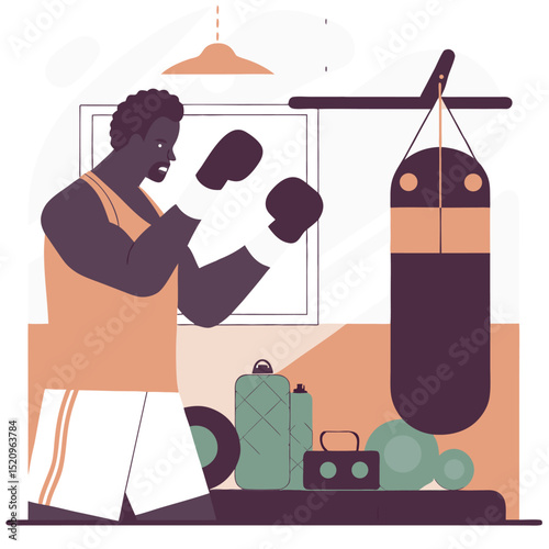 Cartoon Boxing Training Boxer with Punching Bag, Gym Accessories, and Determined Expression
