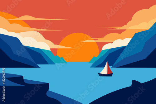 Sunrise over the ocean with a sailing ship, clouds, and distant mountains