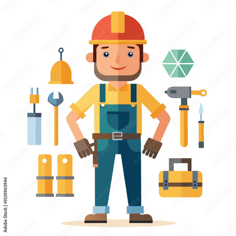 Cartoon Builder with Tools Wrench, Hammer, Level, Hard Hat, and Toolbox Illustration Cartoon Builder with Tools Wrench, Hammer, Level, Hard Hat, and Toolbox Illustration
