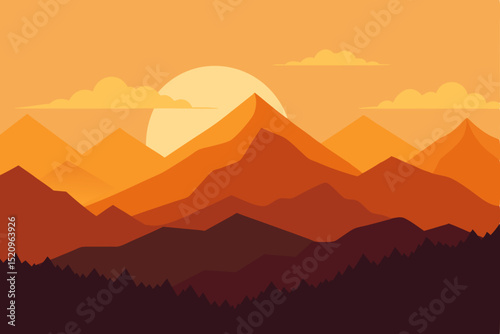 Mist-kissed mountain peaks at sunrise, a serene vector illustration of nature's majestic landscape