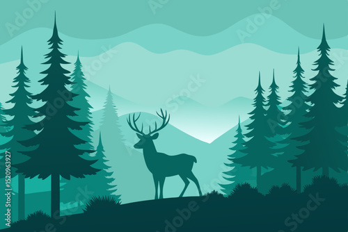 Christmas reindeer in a winter forest landscape with snow and trees, a wild animal illustration