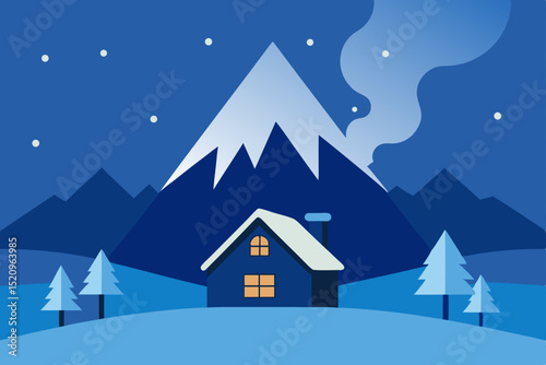 Christmas winter landscape vector illustration with house, snow, and trees, a festive holiday night scene with a decorated village cottage under a starry sky