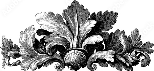 Ornate engraved illustration of dramatic floral swags for decorative design