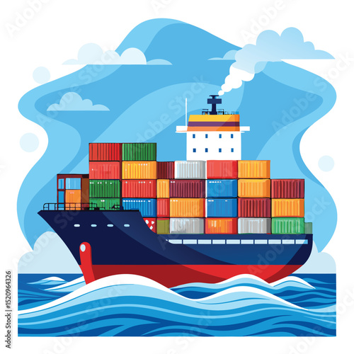 Cartoon Cargo Ship with Shipping Containers Sailing on Stylized Blue Ocean Waves