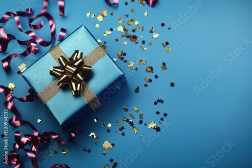 Elegant blue gift box with gold bow, confetti, and ribbons. Perfect for celebratory designs, holiday marketing, and festive backgrounds. Ideal for websites, cards, and social media. photo