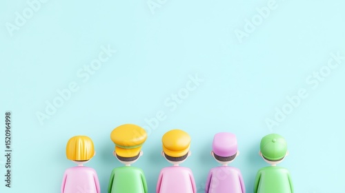 Colorful Figurines in a Row Against a Light Blue Background