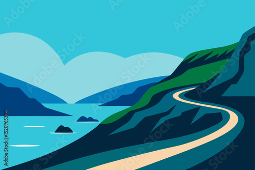 Waves crash on the summer beach with mountains under a blue sky, illustrating the serene ocean landscape