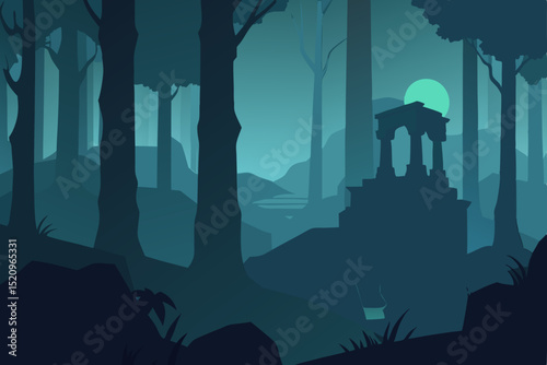 Spooky vector illustration of a scary forest at night with a full moon, silhouetted trees, and a dark, horror-filled landscape