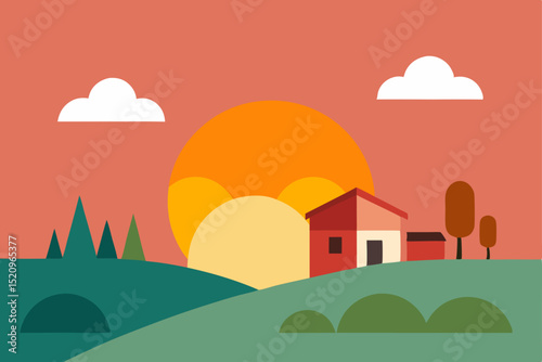 Vector illustration of an old house in a village landscape with trees and autumn sky
