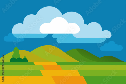 Vibrant vector illustration of a summer countryside landscape with green trees, rolling hills, and a clear blue sky filled with clouds