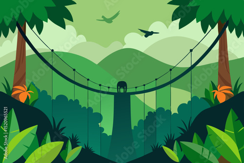 Tropical island landscape vector illustration with palm trees and green jungle leaves