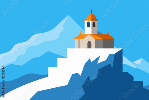 Vector illustration of an old orthodox church architecture with a towering cross in a snowy mountain landscape
