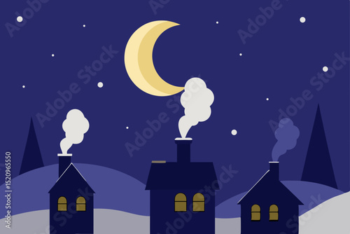 Moon and stars vector illustration of a dark night sky with a house silhouette