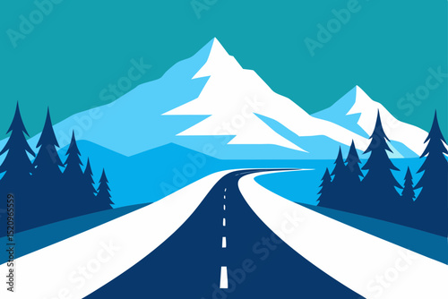 Snowy mountain road winding through a winter forest landscape under a cold sky