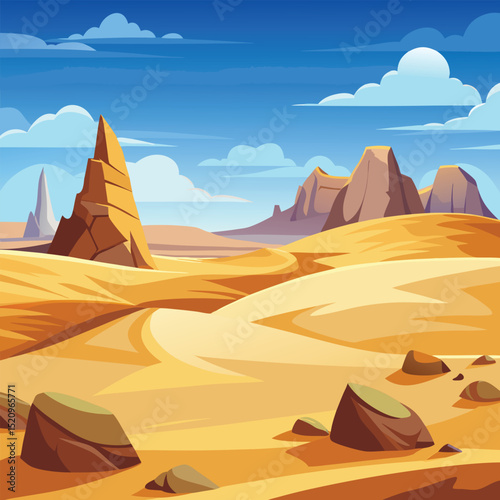 Cartoon Desert Landscape Sand Dunes, Rock Formations and Blue Sky Illustration