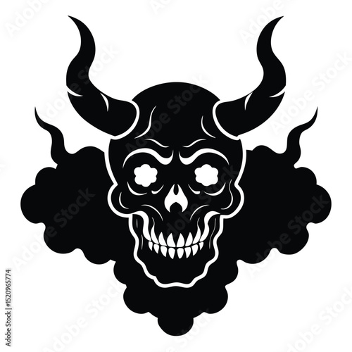 Bold black and white vector illustration of a devil skull with horns and decorative elements