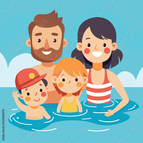 Cartoon Family Having Fun Swimming Together in Blue Water on Summer Vacation